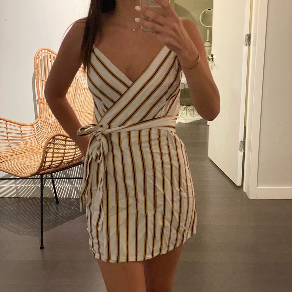 White, mustard & black striped wrap dress